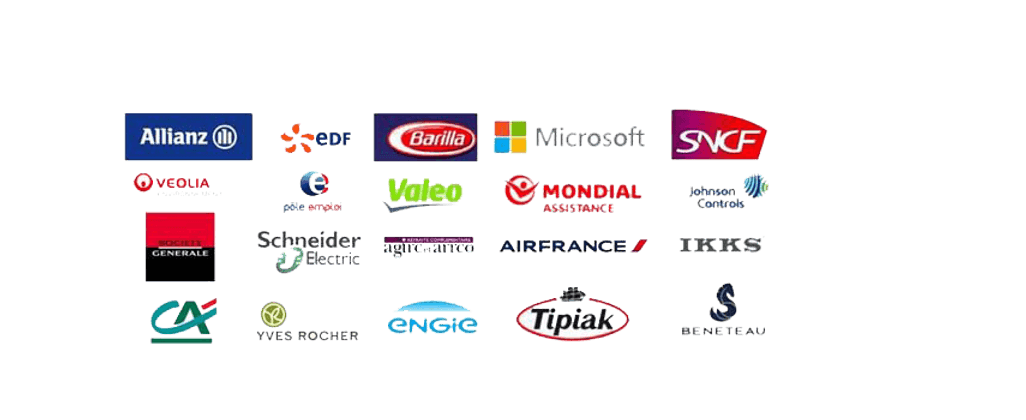 Logos des entreprises ayant fait appel à Pleincap : Allianz, EDF, Barilla, Microsoft, SNCF, Veolia, Pôle emploi, Valeo, Mondial Assistance, Johnson Controls, Société Générale, Schneider Electric, Air France, IKKS, Crédit Agricole, Yves Rocher, Engie, Tipiak, Bénéteau